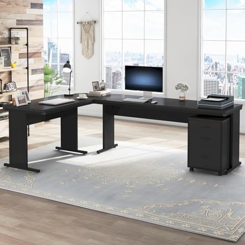 Tribesigns L-Shaped Executive Desk, Large Office Desk with 3-Drawer File Cabinet, Industrial Corner Computer Table with Drawers, Business Workstation for Home Office (Black, 83") - Image 3