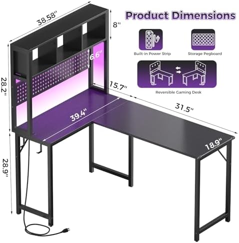 DLisiting Small Black L Shaped Gaming Desk with Hutch, 47 Inch Corner - Image 2
