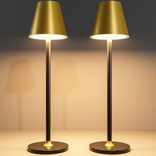 Timjorman 2-Pack Cordless Table Lamps - 5000mAh Rechargeable Battery Operated Desk Lamp, 3-Level Dimmable LED Night Light for Bedroom, Dining, Restaurant - Metal Design(Gold&Black 2-Pack) by Timjorman
