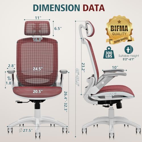 GABRYLLY Ergonomic Office Chair, High Back Home Desk Chair with 2D Flip-Up Arms, 3D Headrest, 90-120° Tilt and Wide Cushion, Big and Tall Mesh Chairs for Man Woman, Computer Task Chair Red - Image 3