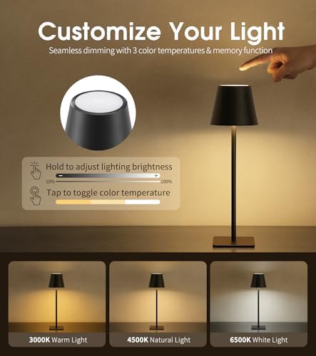 UME 3 Pack Cordless Table Lamp, Battery Operated Lamp - Portable Waterproof Rechargeable Table Lamp w/ 3 Color Temps & Stepless Dimming for Dinner, Desk, Cafe, Outdoor (Black) - Image 3