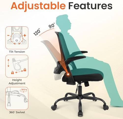 NEO CHAIR Office Chair Gaming Desk Computer Mesh Ergonomic Chair with Flip-up Arms Comfy Lumbar Support Adjustable Height Rolling Wheels Chair for Home Office (All Black) - Image 5