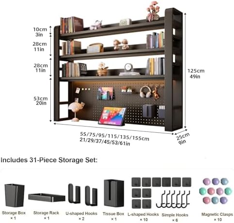 2/3/4 Tier Desk Hutch, Freestanding Desktop Bookshelf, Metal Desk Shelf with Pegboard, Desk Shelves for Top, for Dorm Office and Home(White+White,21 * 9 * 49in) - Image 2