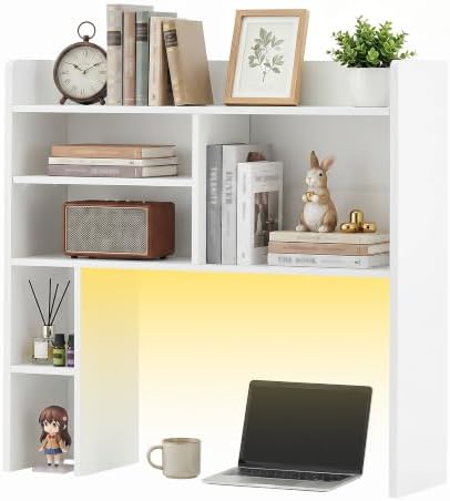 OFCASA Desktop Bookshelf with LED Lights, Countertop Storage Hutch with 7 Shelves for Computer Desk, 35.4'' 3-Tier Display Rack, Wooden Desk Hutch Storage Organizer for Home Office Dorm, White by OFCASA
