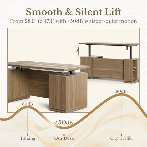 70 Inch Executive Standing Desk with File Cabinet, L Shaped Electric Height Adjustable Desk with AC/USB and Privacy Panel, Computer Corner Table for Home Office, Natural Oak - Image 3