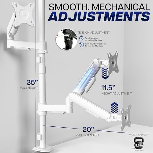 VIVO Dual Monitor Arm Extra Tall Mount for Screens up to 32 inches, Mechanical Height Adjustment, Full Articulating Heavy Duty VESA Stand with Desk C-clamp and Grommet, White, STAND-V012KW - Image 3