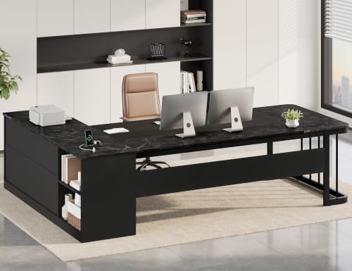 UPOSOJA 78.7" Executive Desk, Large Office Desk with Drawers & Storage Shelves, Modern L Shaped Computer Desk Corner Desk with Power Outlets, File Cabinet, Business Furniture Desk Workstation (Black) by UPOSOJAWishesYouaNiceDay