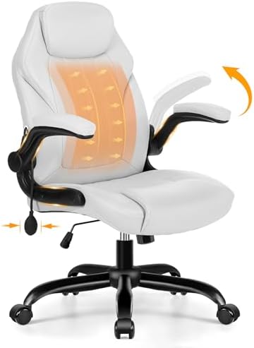 Ylzyxal Office Desk Chair, Ergonomic Computer Chair with Padded Flip-Up Arms and Adjustable Lumbar Support, PU Leather Executive Chair with Tilt Lock and 360° Swivel Rolling Wheels for Work, Study by Designedforcomfort