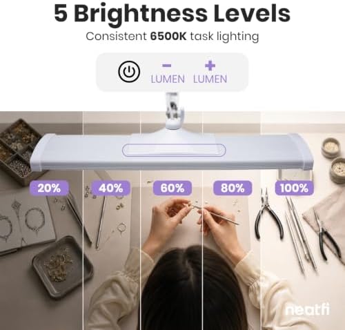 Neatfi Pro LED Task Lamp with Clamp | 2,300 Lumens | CRI 95 | Touch Dimming | 180 LED Beads | 6500K Daylight | 30W Desk Light for Nails, Crafts & Workbench (White-5, 24-Inch Wide Shade) - Image 3