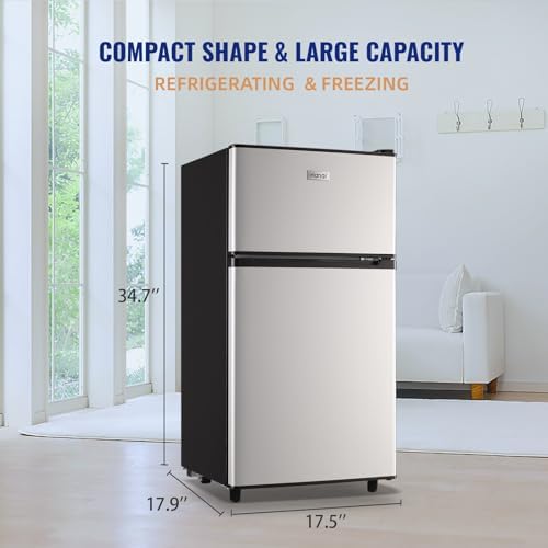 WANAI Refrigerator 3.5 Cu.Ft Refrigerator with Freezer, Retro Fridge with Dual Door,7 Adjustable Thermostat, Adjustable Shelves For Dorm, Office Bedroom, Silver - Image 2
