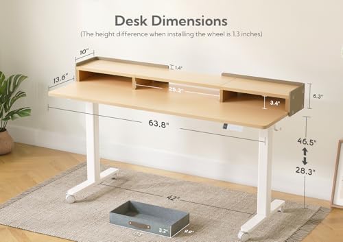 Claiks Standing Desk with Drawers & Wheels, 2 Height Shelf 63" Natural - Image 3