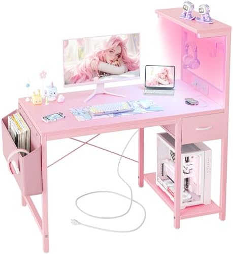 TIQLAB Gaming Desk 40 inch with Power Outlet and LED Light, Computer Desk with Reversible Shelves and Storage Drawer, Small PC Desk for Home Office Table with Bag, Carbon Fiber Pink by TIQLAB
