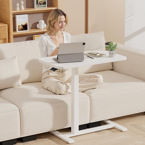 GTPLAYER Small Standing Desk with Hidden Wheels, Pneumatic Mobile Rolling Laptop Desk, Adjustable Height Overbed Bedside Table Computer Workstation for Home Office (32" W x 16" D, Pure White) - Image 2