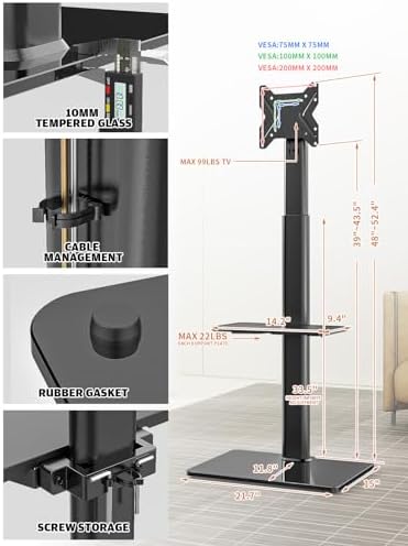 Universal Floor TV Stand with Mount for 19 to 43 inch Flat Screen TV, 100 Degree Swivel,Adjustable Height and Tilt Function, 2 Shelves Space Saving Standing TV Mount for Bedroom Living Room Corner - Image 6