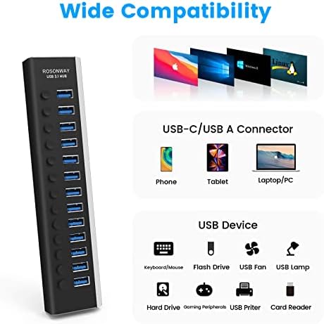 Rosonway 13-Port Powered USB 3.2 Hub 10Gbps, Aluminum USB Hub 72W,RSH-A13 - Image 5