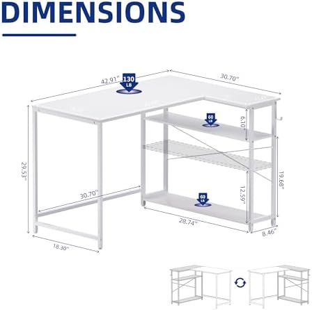Pamray 43 Inch L Shaped Computer Desk with Reversible Side Storage Shelves, Small Corner Desk for Small Space Home Office,Writing Study Table PC Desk for Bedroom,White - Image 3