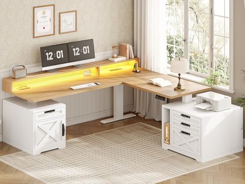 SEDETA Farmhouse L Shaped Standing Desk, 70.1" x 73.2" Height Adjustable Home Office Executive Desk with Drawers, Power Outlet, Monitor Stand, Sit Stand Table with Led Lights for Home Office, Oak by SEDETA