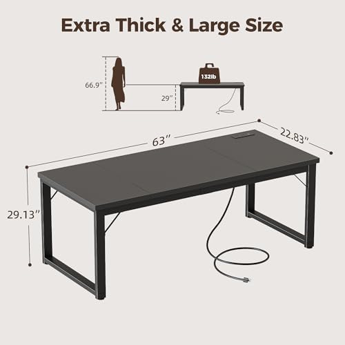 Mericonia 63 Inch Computer Desk with Power Outlets, 1.2" Thick Office Table - Image 2