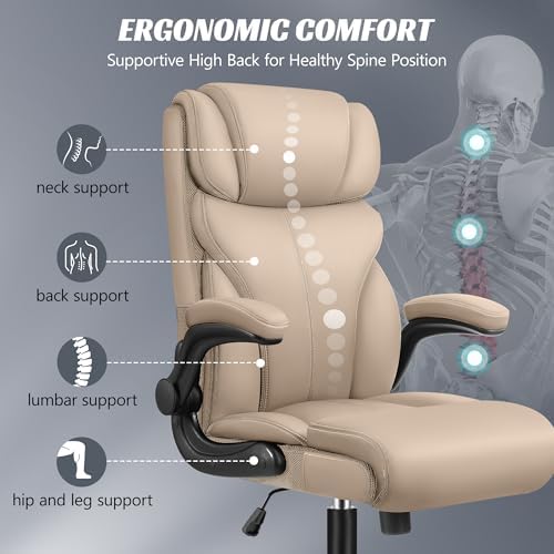 HeroSet Office Chair, Ergonomic Big and Tall Computer Desk Chairs, Executive Breathable Leather Chair with Adjustable Flip-up Armrests, Lumbar Support Swivel PC Chair with Rocking Function,Khaki - Image 4