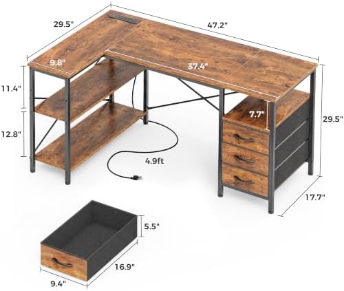 Huuger L Shaped Office Desk with Power Outlets & 3 Drawers - Image 3