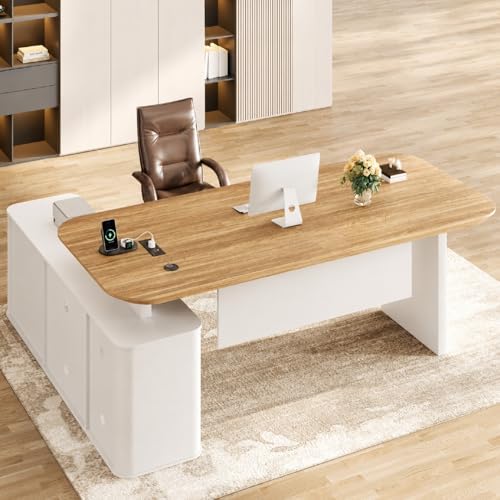 Squireewo 78.7" L Shaped Executive Desk with Drawers, Large Office Desk w/Power Outlets, Storage Cabinet & File Drawers, 1.8" Thick Tabletop, Modern Business Furniture for Home Office, White & Walnut by Squireewo