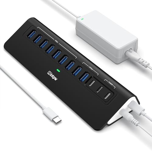 Powered USB Hub 10Gbps, intpw YH9AC 12-Port USB C Hub with 10Gbps USB C 3.2, 2 USB A 3.2, 7 USB 3.0, 2 PD 45W Charging Port, 65W Power Adapter + 3.3FT Cable, Aluminum USB Hub for Laptop/iPhone16/15/PC by intpw