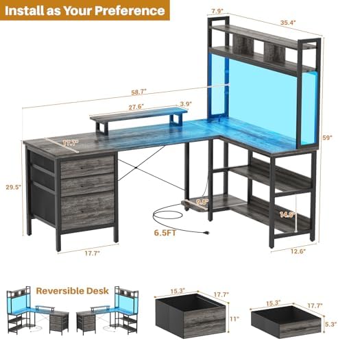 Aheaplus L Shaped Desk with Hutch, Gaming Desk with Led Lights, Reversible Computer Desk with Power Outlet, Corner Desk with File Drawer & Monitor Stand, Storage Shelves for Home Office, Black Oak - Image 2