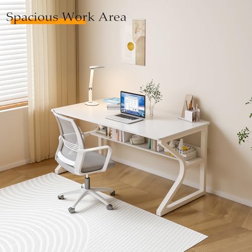 OSCHF 47.3-Inch Writing Desk with Storage Shelf, Warm White - Image 3