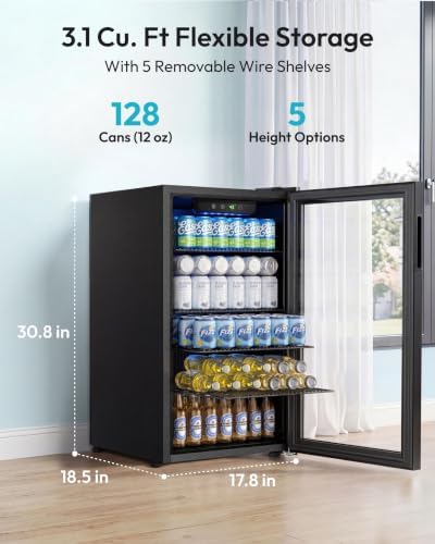 EUHOMY 128 Can Mini Fridge, Beverage Refrigerator with Glass Door, Black - Image 2
