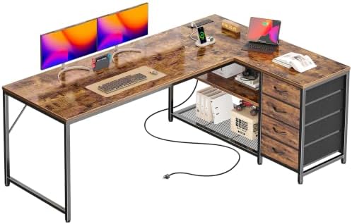 PRAISUN 61" L Shaped Desk with Power Outlets & 4 Drawers by PRAISUN