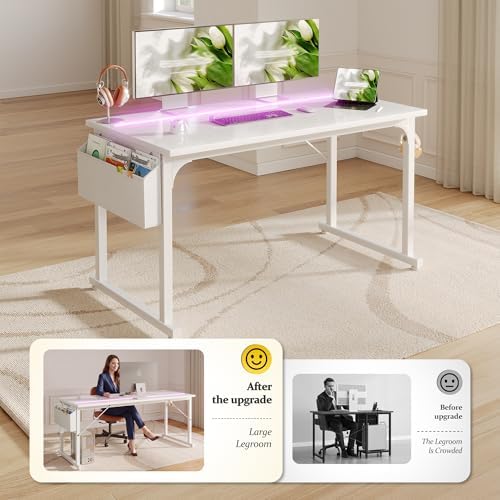 DurayLoly 48" Gaming Desk with Waterproof LED Lights for Bedroom,White - Image 3