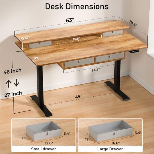 63 x 30 Inch Electric Standing Desk with 4 Drawers, Light Rustic - Image 3