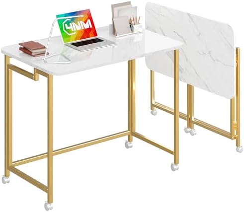 4NM 31.5" Mobile Small Rolling Computer Desk, Folding Laptop Cart Table with Wheels, Portable Office Desk for Small Space Couch Bed - White and Golden by 4NM