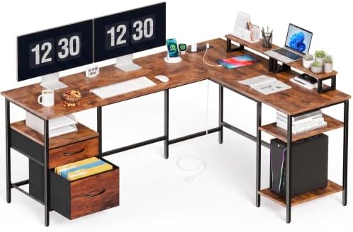 DUMOS 62 Inch L Shaped Computer Desk with Power Outlets, 62 Inch by DumosLifestyle