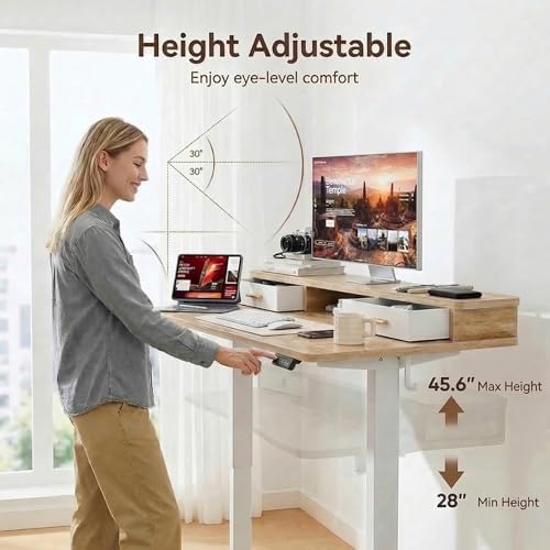 Grandder Electric Standing Desk with Two Drawers, Sit to Stand Up Height Adjustable Desk with Storage Shelf for Home Office, 47 * 24 Inch, Study, Ergonomic Adjustable Computer Desk, Oak - Image 3