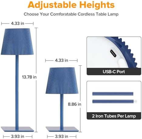 LUTEC 4 Pack Cordless Table Lamp,6000mAh Rechargeable Battery Operated Desk Lamp,Two Adjustable Heights,Waterproof, Touch Control & 3 Color Stepless Dimming for Restaurant/Bedroom/Bars/Outdoor (Blue) - Image 4