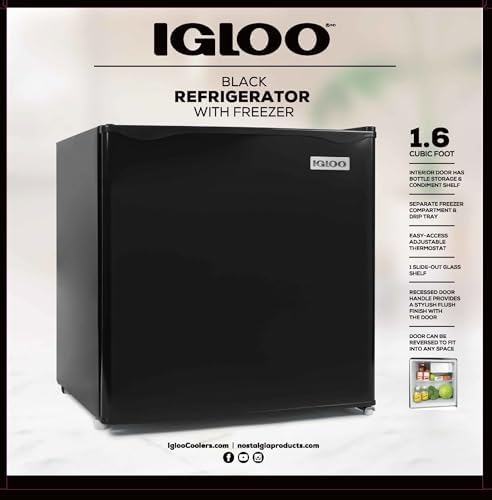 Igloo 1.6 Cu.Ft Mini Fridge with Freezer- Single Door Compact Refrigerator with Glass Shelves for Homes, Dorms & Offices- Keep Snacks, Drinks & Frozen Foods Cool with Temperature Control Fridge- Black - Image 2