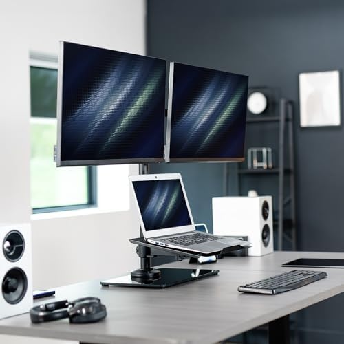 VIVO Freestanding Dual Computer Monitor and Laptop Combo Desk Stand with Glass Base, Fits up to 32 inch Monitors and 17 inch Laptops, Black, STAND-V003FGL - Image 2