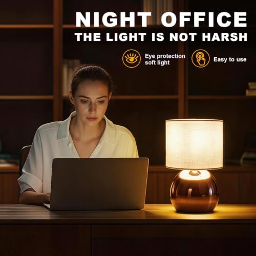 Modern Rose Gold Table Lamp Set of 2, 6.2X6.2X10.4 Inch Small Bedside Nightstand Light, with Linen Shade and Included LED Bulb, for Bedroom Living Room - Image 2