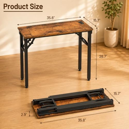 Folding Table Computer Desk - 35.8" No Assembly Folding Desk with Power Outlets & USB Charging Port, Small Desk, Foldable Office Desk, Compact Storage Portable Use for Small Space, Rustic Brown - Image 3