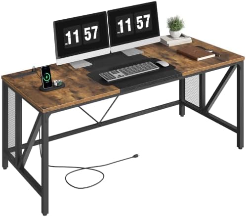 YATINEY 63" Computer Desk with Power Outlets, Gaming Desk, Large Office Executive Desk Workstation, Business Furniture for Home Office, Study, Rustic Brown and Black DN16UBR by Yatiney