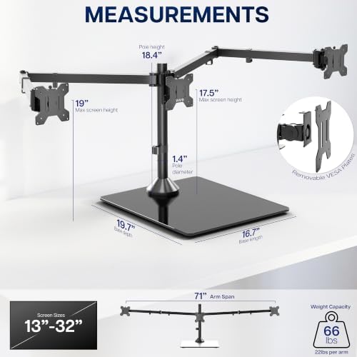 VIVO Black Triple Monitor Mount, Freestanding Triple Monitor Arm Stand for Desk with Glass Base, Heavy Duty Fully Adjustable Stand for 3 Screens up to 32 inches, Black, STAND-V332FG - Image 4