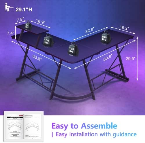 Mr IRONSTONE L Shaped Gaming Desk Corner Computer Desk, Home Office Desks Writing Workstation with Large Monitor Stand, Easy to Assemble (Black,51 Inch) - Image 3