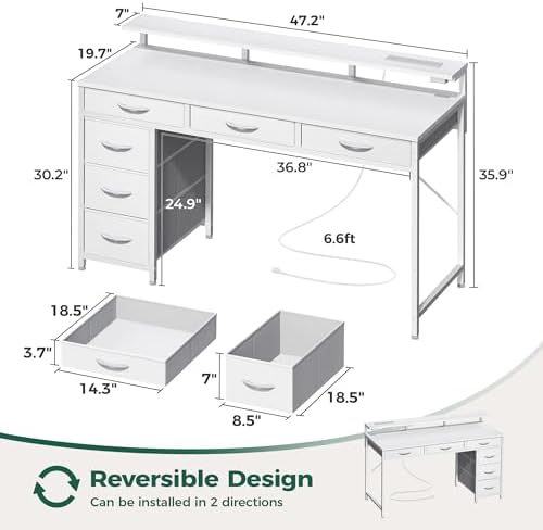 Huuger Gaming Desk with 6 Drawers, Computer Desk with LED Lights Power Outlets and Type-C, 47 Inch Office Table with Storage, Monitor Stand, Writing & Work Home Office, Bedroom, Study, White - Image 3