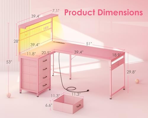 MOTPK 51" L Shaped Gaming Desk with Shelf & 4 Drawers, Carbon Fiber Pink - Image 3
