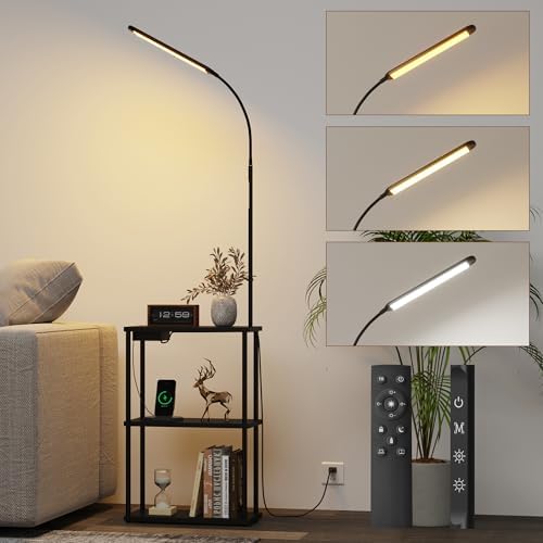 Qupui LED Floor Lamp with Table, 15W Dimmable, USB Charging, Black by Qupui