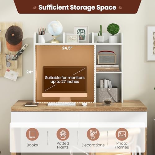 GOFLAME 5 Shelves Desktop Bookshelf, Wood Desk Hutch Dorm for Computer Desk, Countertop Display Rack, 3-Tier Desk Storage Organizer Shelf for Dormitory, Home Office, Study, White - Image 4