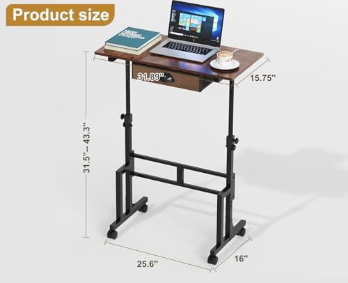 Adjustable Height Standing Desk With Drawer, Rolling Sit Stand Up Desk With Wheels, Small Sit To Stand Computer Desk, Adjustable Desktop Height, On Wheels, Brown, For Walking Pad Laptop Treadmill - Image 7