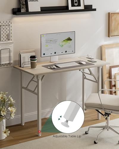 Frylr Small Folding Computer Desk – 43.3 Inch Portable Table for Craft and Study, Lightweight Desk for Small Spaces, Foldable Laptop Table Built-in AC/USB Outlets for Convenience, White Ash - Image 6