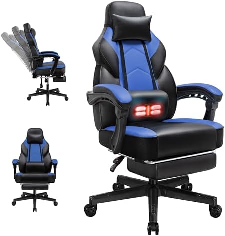 DL-win Gaming Chairs for Adults, Computer Chair with Footrest and Ergonomic High Back, Big and Tall Gamer Chairs with Massage Lumbar Support, 360° Swivel Height Adjustable Gaming Chair, Blue by GamingChairs